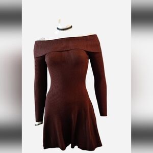 Y2K Say What Brown Ribbed Knit Off Shoulder Mini Sweater Skater Dress Sz Small
